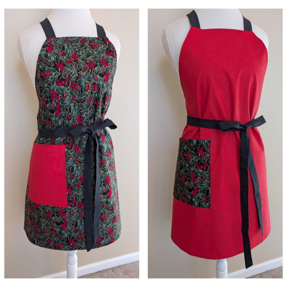 NWT Handmade Reversible Apron - Christmas holly and red grain - One Size - OOAK